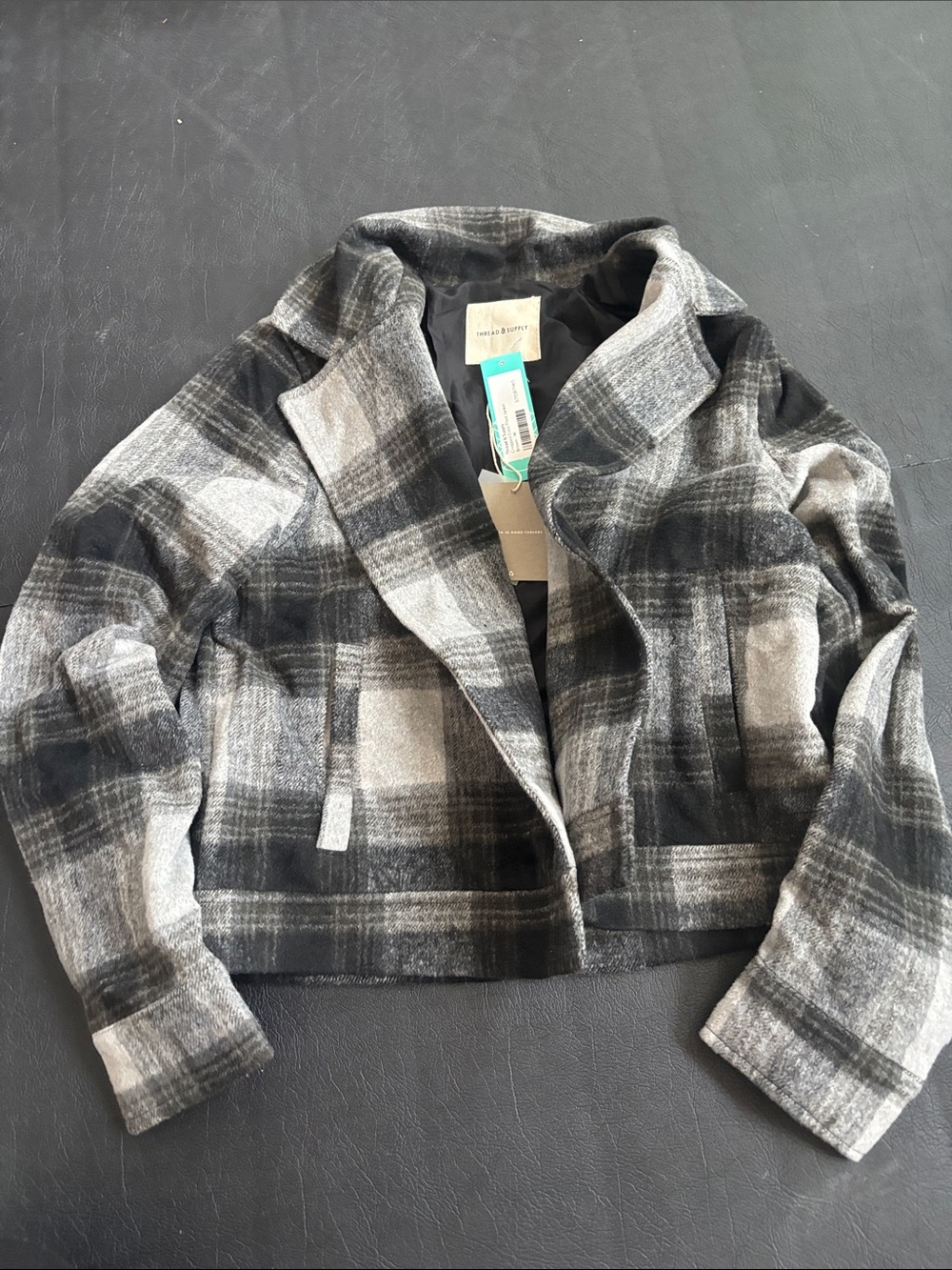 Thread & Supply Black and Gray Plaid Cropped Blazer